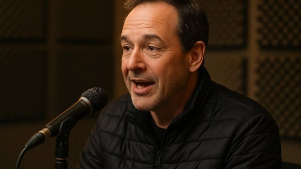 Man speaking into a microphone about personalized healing journey in a studio.