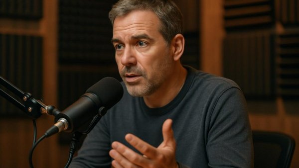 Middle-aged man discussing healing on a podcast.