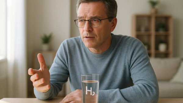 Middle-aged man discussing hydrogen water in a bright home.