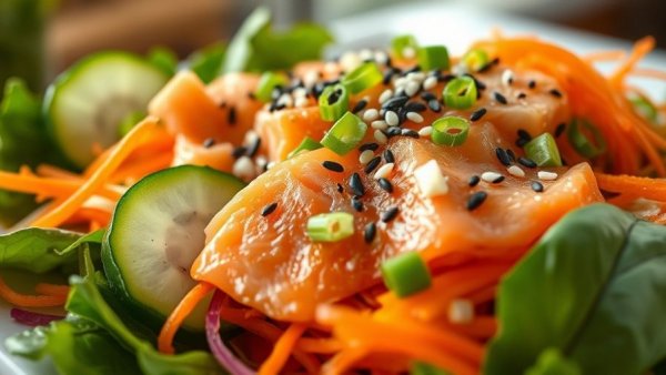 Colorful salad with salmon and vegetables representing iron supplements for anemia.