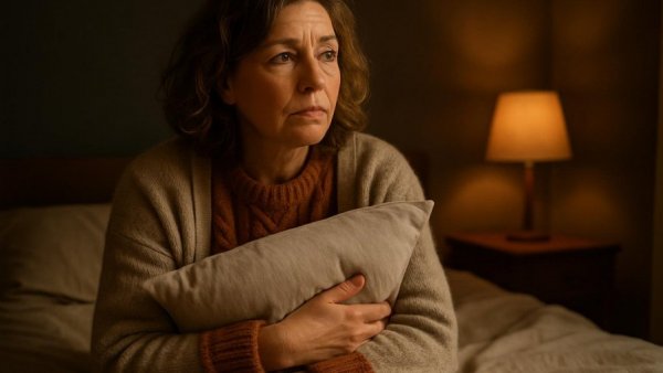 Middle-aged woman reflecting on abdominal fat and menopause symptoms.