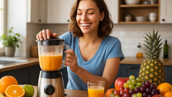 Woman making fruit juice to address vitamin deficiencies linked to Alzheimer's disease