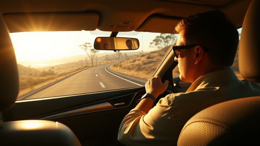 Hyper-realistic shot of a driver in sunglasses on an Australian coastal highway.
