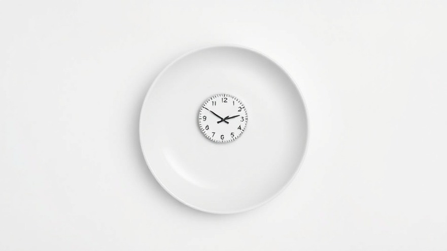 Minimalistic white plate with a clock representing fasting benefits on a seamless background.