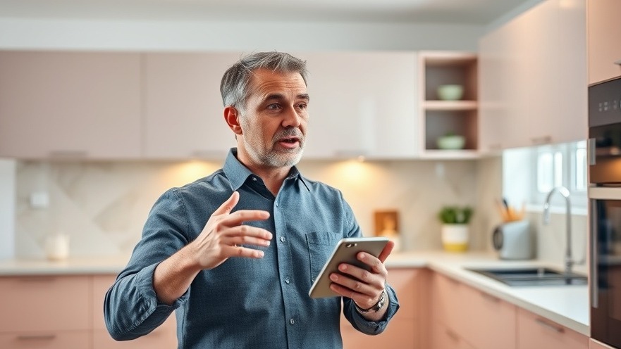Middle-aged man discussing energy levels and nutrition impact in a sleek kitchen.