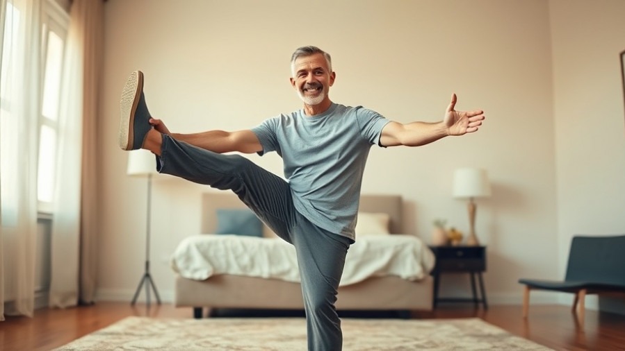 Middle-aged man smiling while stretching legs for holistic pain relief.