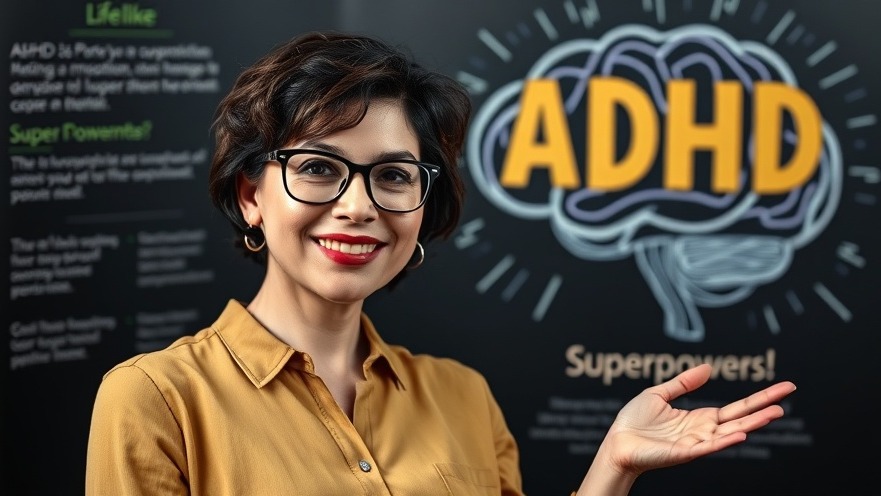 Confident woman sharing natural strategies for ADHD with vibrant visuals.