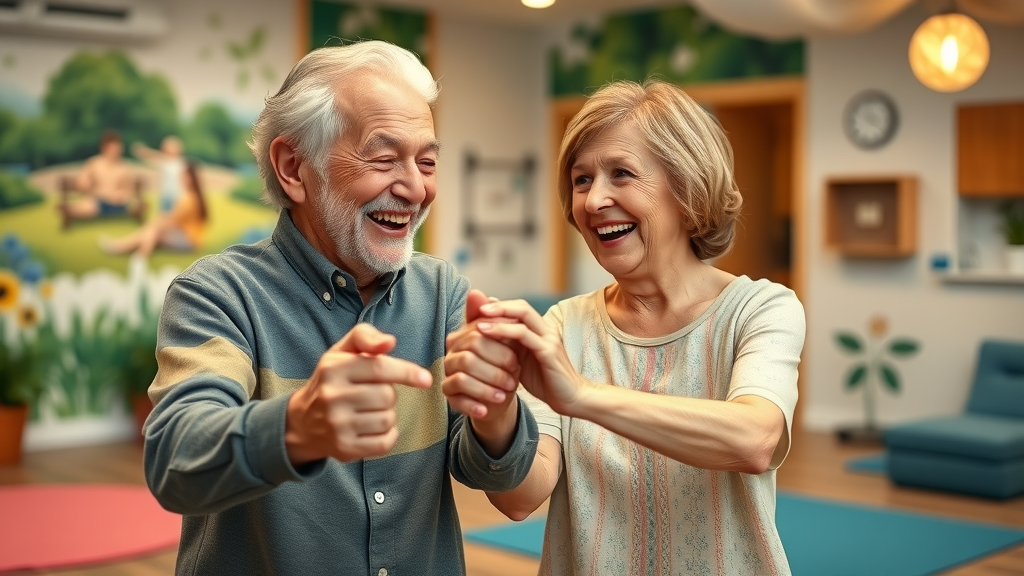 Happy Canterbury elderly man and younger woman dancing in Nia class, Inclusive Nia dance benefits