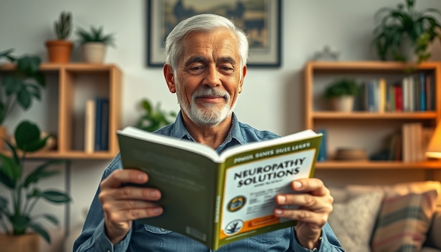 Older man reading a book on neuropathy solutions in a cozy living room.