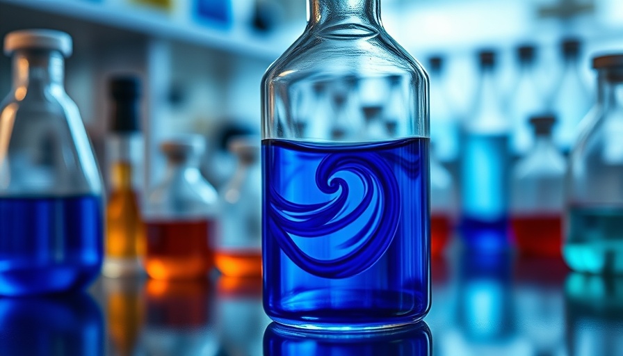 Close-up of methylene blue vial in lab setting, vibrant blue liquid.