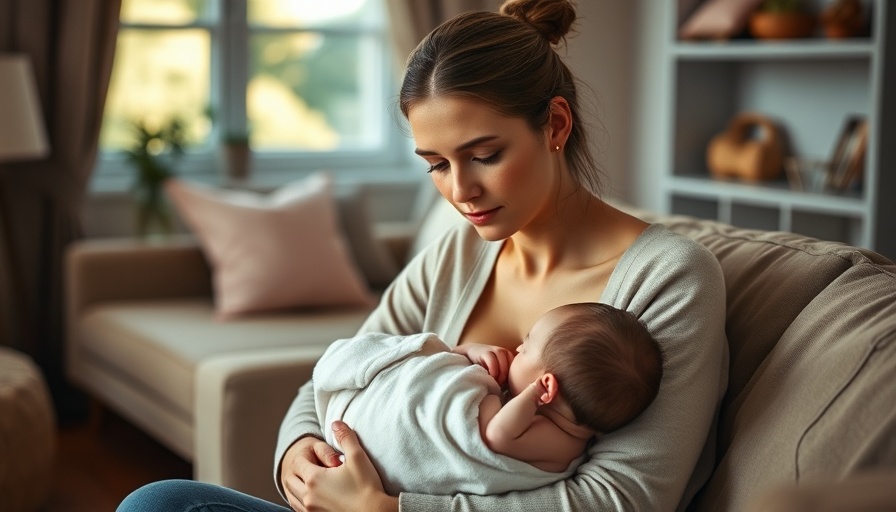 Young mother with newborn reflecting, cozy room, postpartum depression