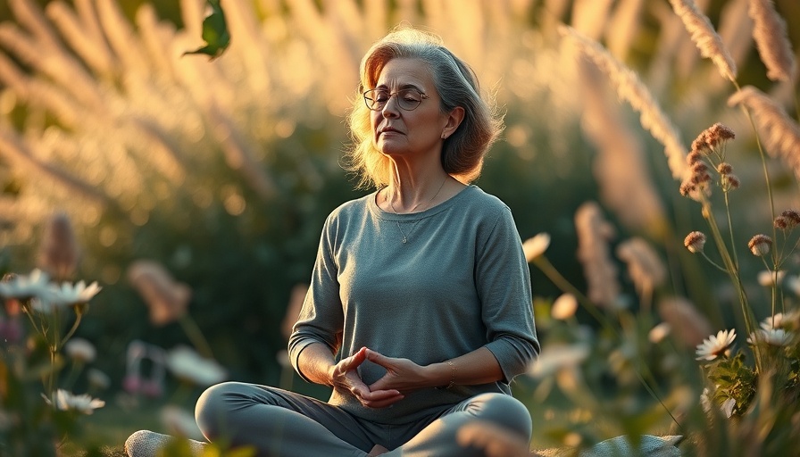 Meditating woman in nature for cortisol reduction, peaceful scene.
