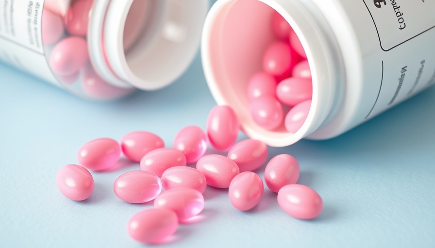 Pink vitamin B12 pills spilling from a white bottle.