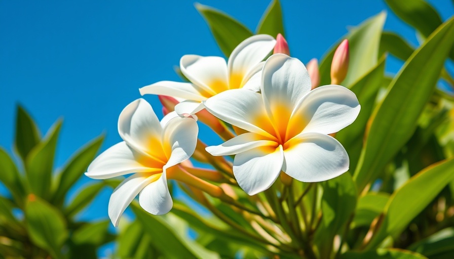 Vibrant frangipanis blooming under a clear blue sky.