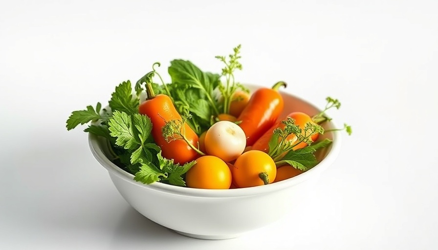 Regrowing vegetables in water bowl, vibrant greens, white background.