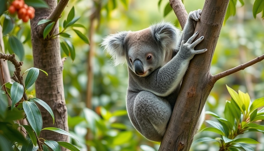 Koala in a wildlife-friendly garden setting with lush greenery.