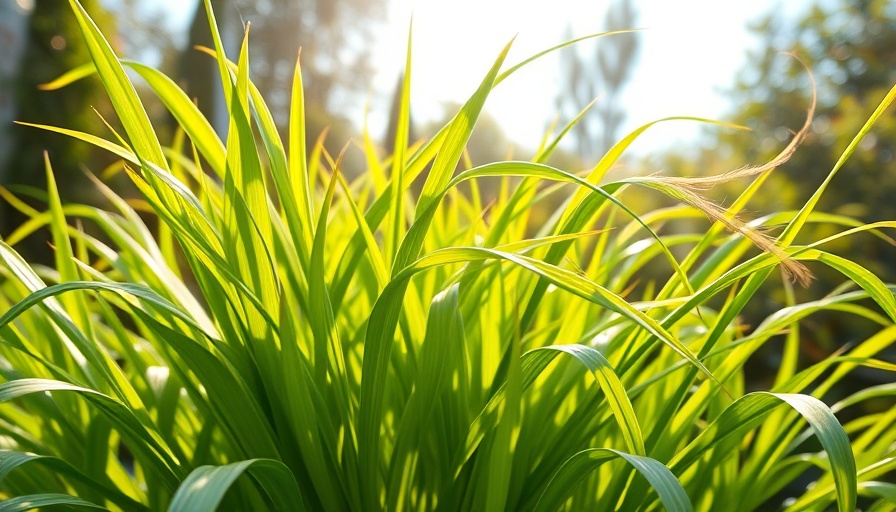 Lush lemongrass plant thriving in sunlight, vibrant green leaves.