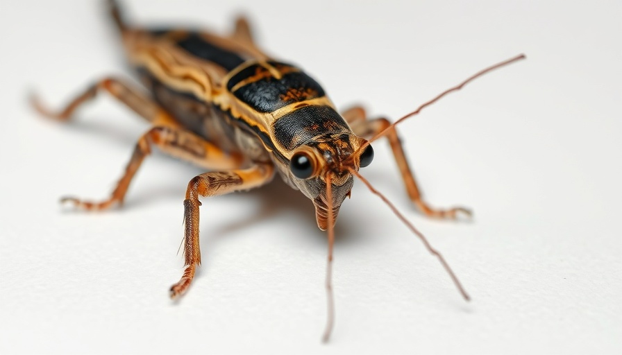 Close-up of a mole cricket on a white background.