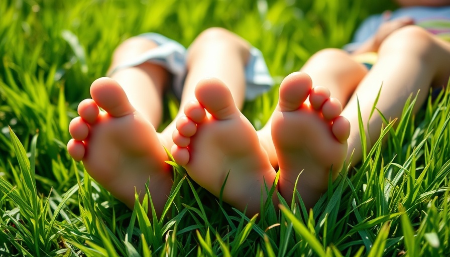 Children's feet on grass illustrating natural turf cooling effects.