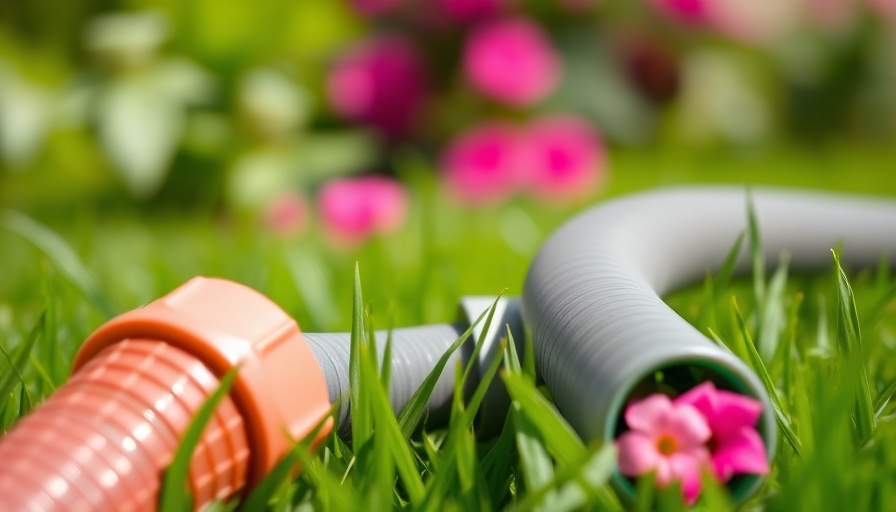 Water conservation: garden hose on green grass, pink background.