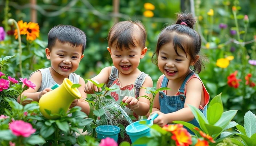 Kids gardening in a vibrant garden, watering plants joyfully.