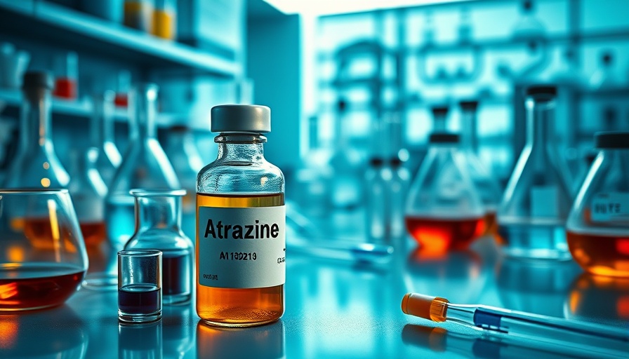 Macro view of Atrazine vial in a lab with equipment.