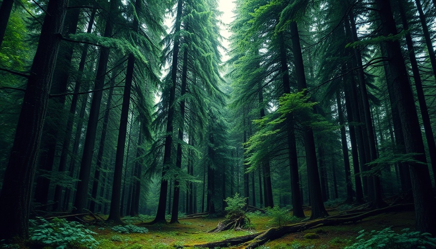 Serene forest bathing scene with dense evergreen trees and lush foliage.