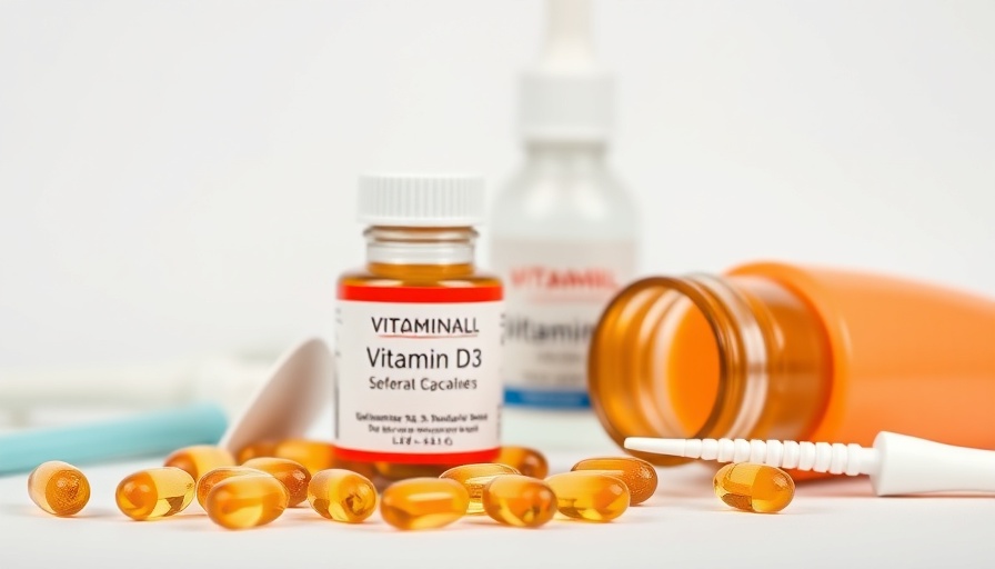Vitamin D3 capsules with dental care items for oral health.