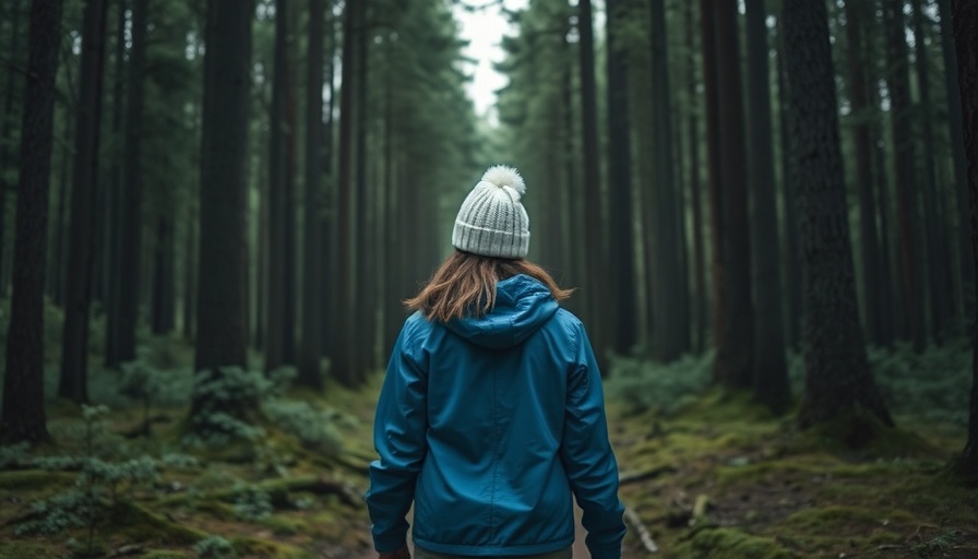 Woman practicing forest bathing amid tall mossy trees.