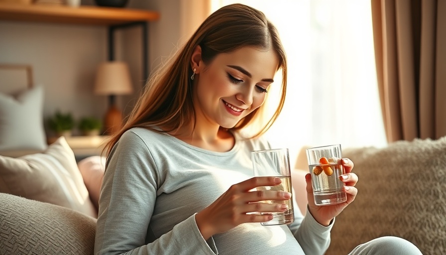 Pregnant woman holding vitamin D supplements in cozy home setting.