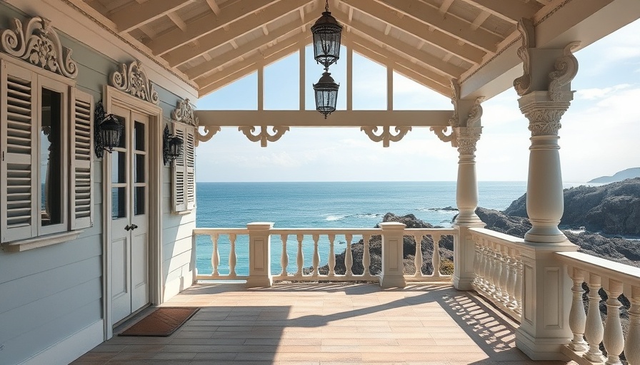 Traditional country verandah overlooking ocean with sunny garden.