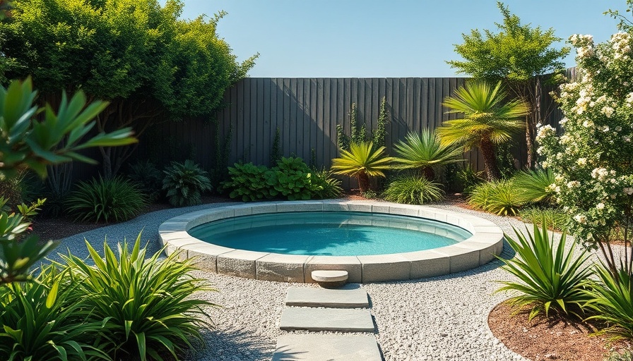 Serene coastal garden with lush greenery and stone pathway.