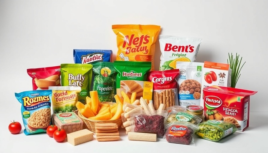 Ultraprocessed foods packaged collection on white background.