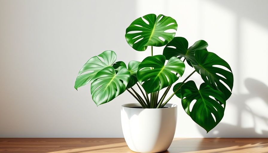 Monstera Deliciosa in white pot against grey background.