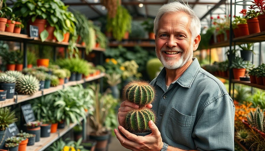 Experienced gardener with cactus at a lively garden center, home orchard plants