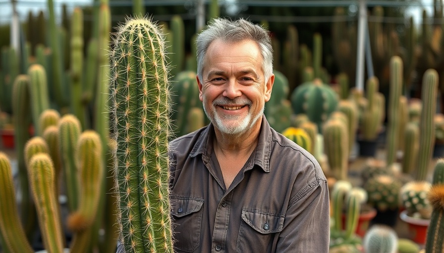 Coffs Harbour Nursery worker holding cactus amidst diverse plants.