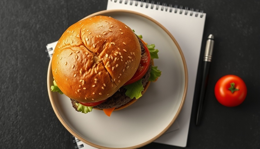 Top view of burger on plate with notebook beside it.