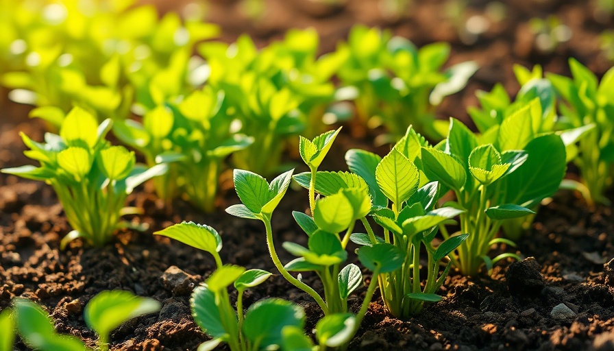 Companion planting guide: thriving garden bed with green plants.