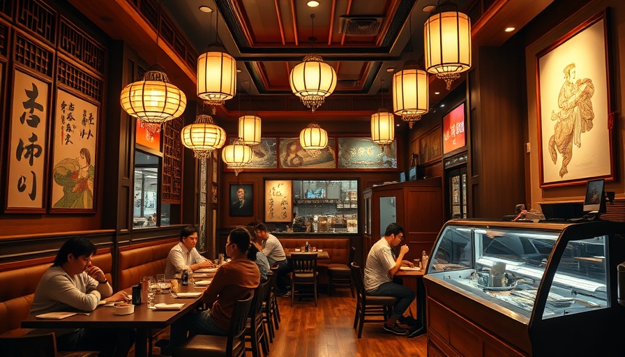 Asian food restaurant interior with diners enjoying meals.