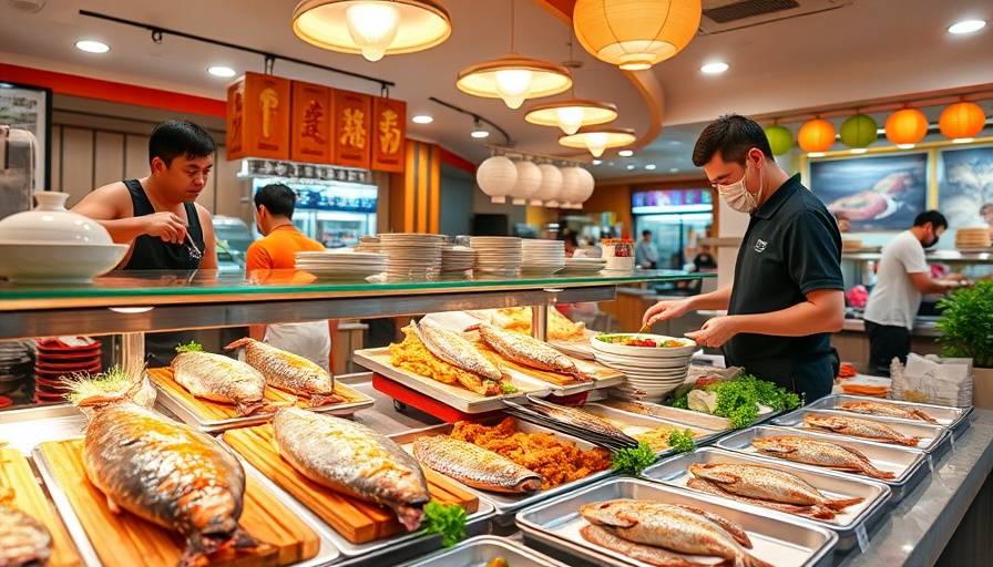 Asian food buffet with server preparing meals behind glass counter.