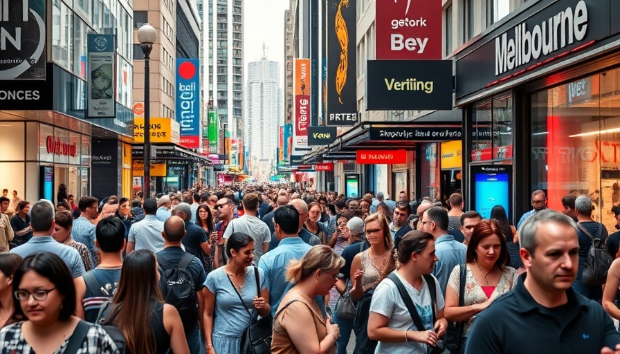 People in queue at a Melbourne banh mi spot, lively city scene.