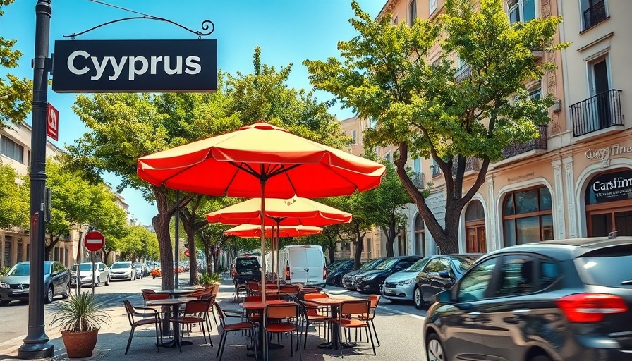 Cyprus food cafe street view with outdoor seating.