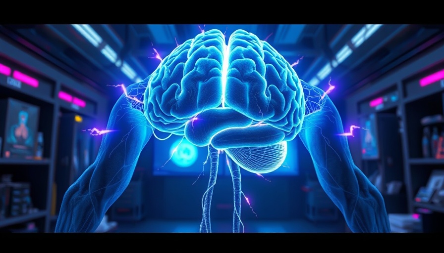 Abstract brain and muscles connection illustration in vibrant colors.