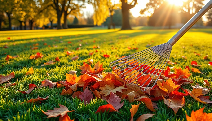 Autumn leaves raked on a lawn in warm sunlight, autumn lawn care.