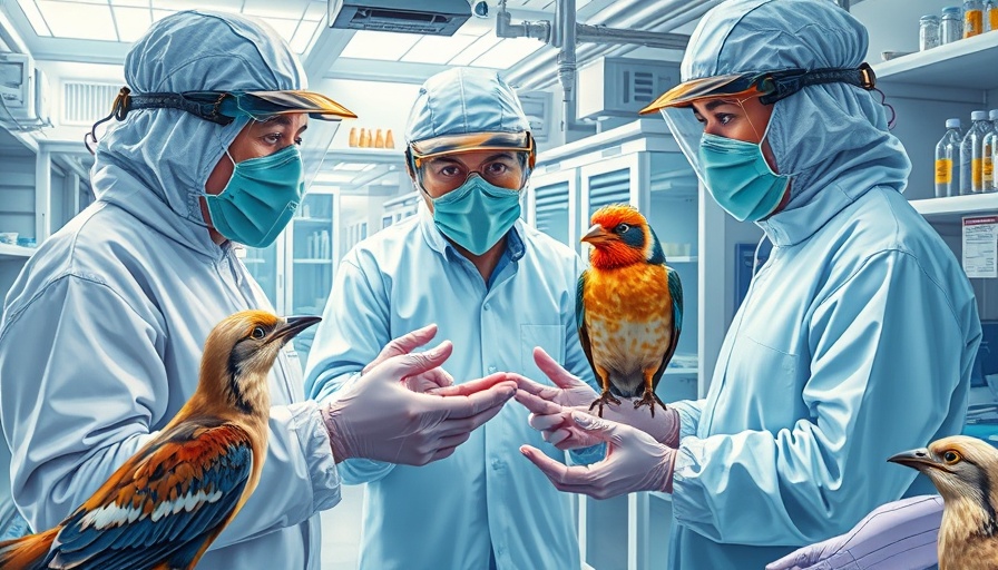 Scientists in protective gear examining birds in a lab, Bird Flu Response.