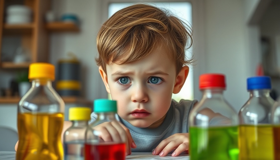 Child worried about chemical exposure in health, containers on table.