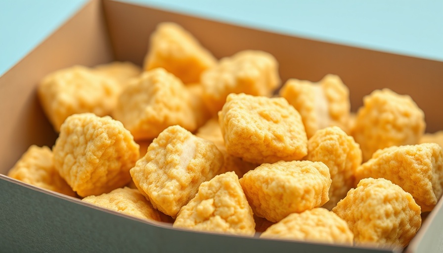 Golden plant-based nuggets in a cardboard tray on blue surface.