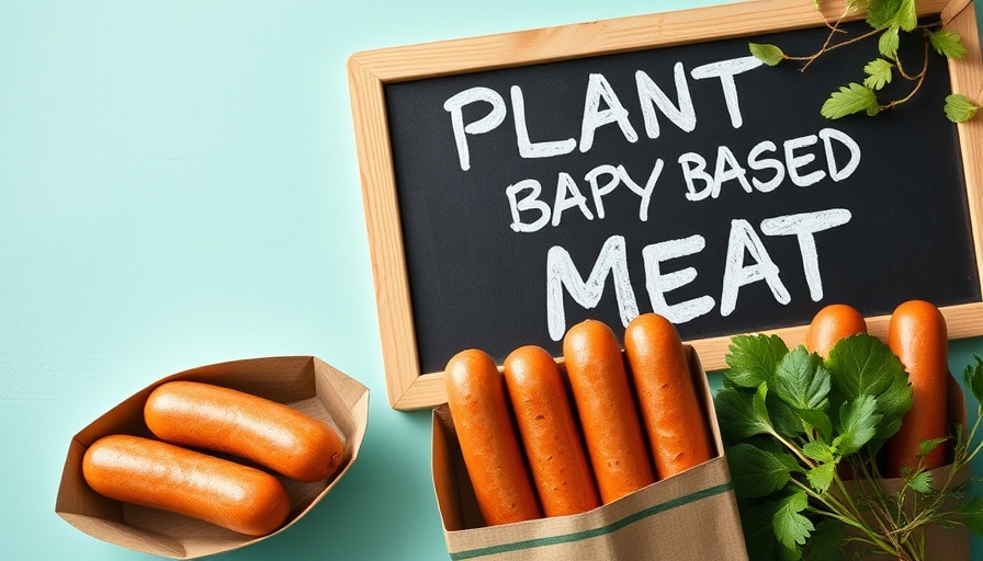 Plant-based meat chalkboard sign and sausages on a turquoise background.