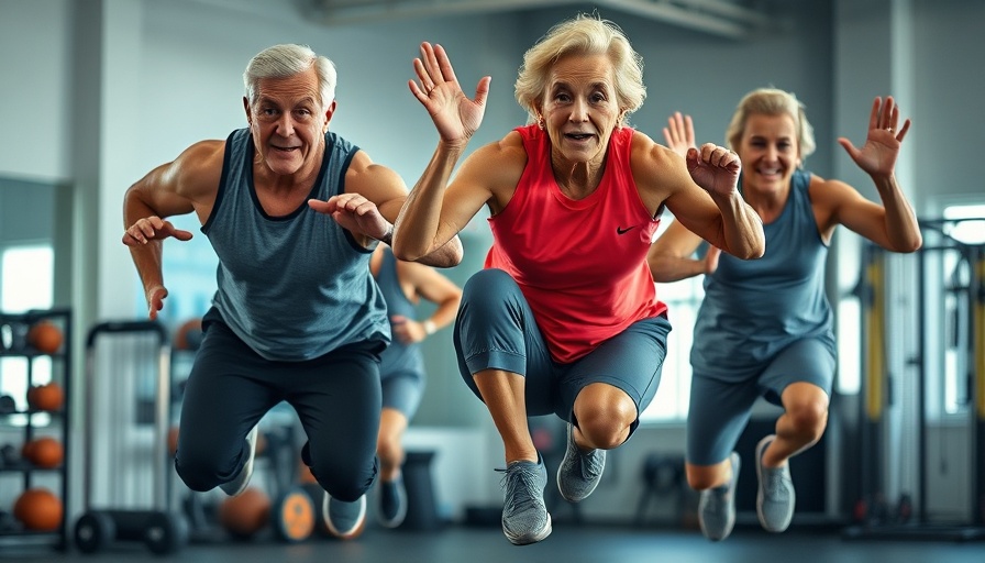 Older adults doing plyometric exercises at the gym, lively scene.