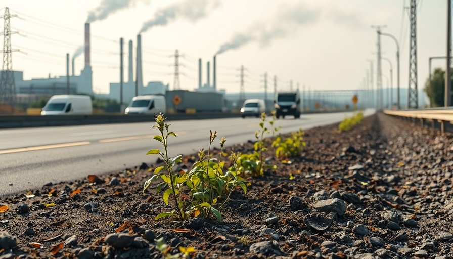 Soil contamination by highway with industrial pollution and sprouting plants.